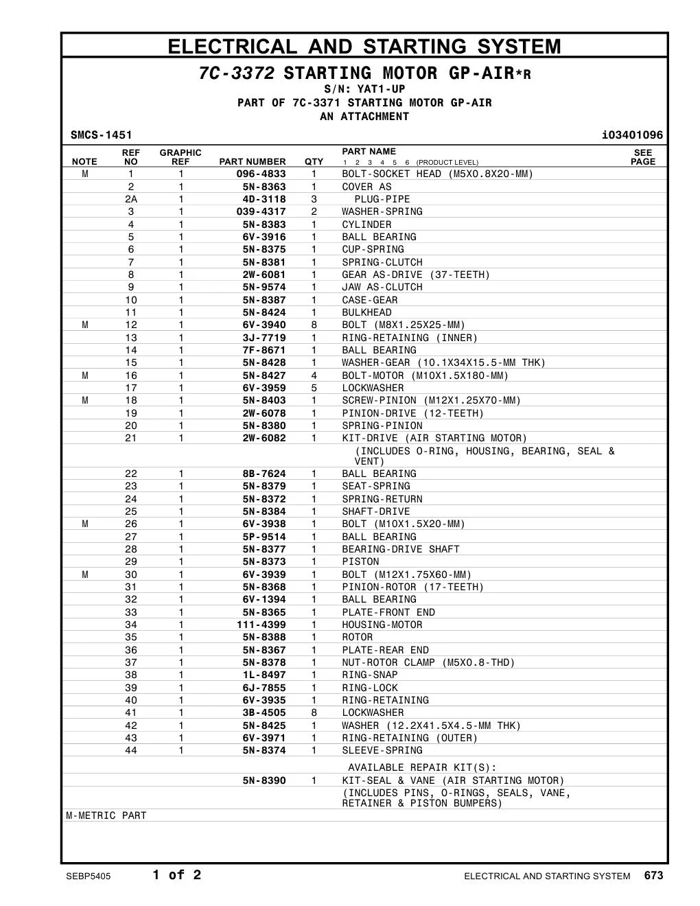 5N-8390 - KIT-SEAL & VANE (AIR STARTING MOTOR) (INCLUDES PINS, O-RINGS, SEALS, VANE, RETAINER & PISTON BUMPERS)
