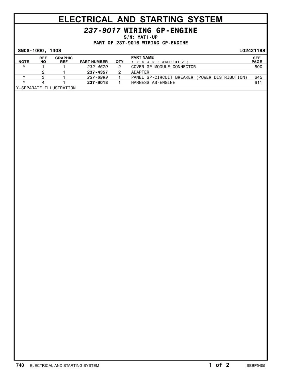 237-8999 PANEL GP-CIRCUIT BREAKER (POWER DISTRIBUTION) · S/N YAT1-UP CAT parts manual diagram