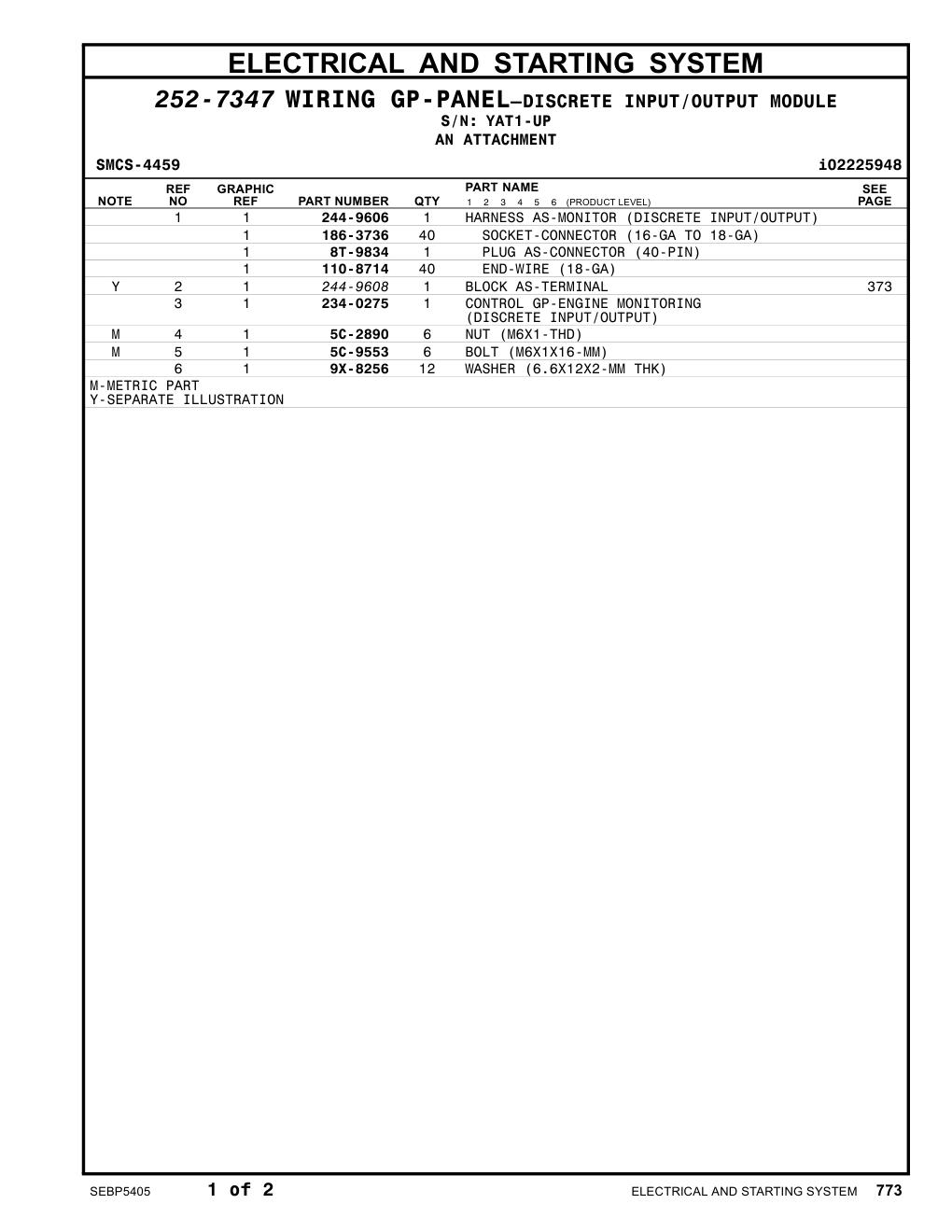 244-9606 HARNESS AS-MONITOR (DISCRETE INPUT/OUTPUT) · S/N YAT1-UP CAT parts manual diagram