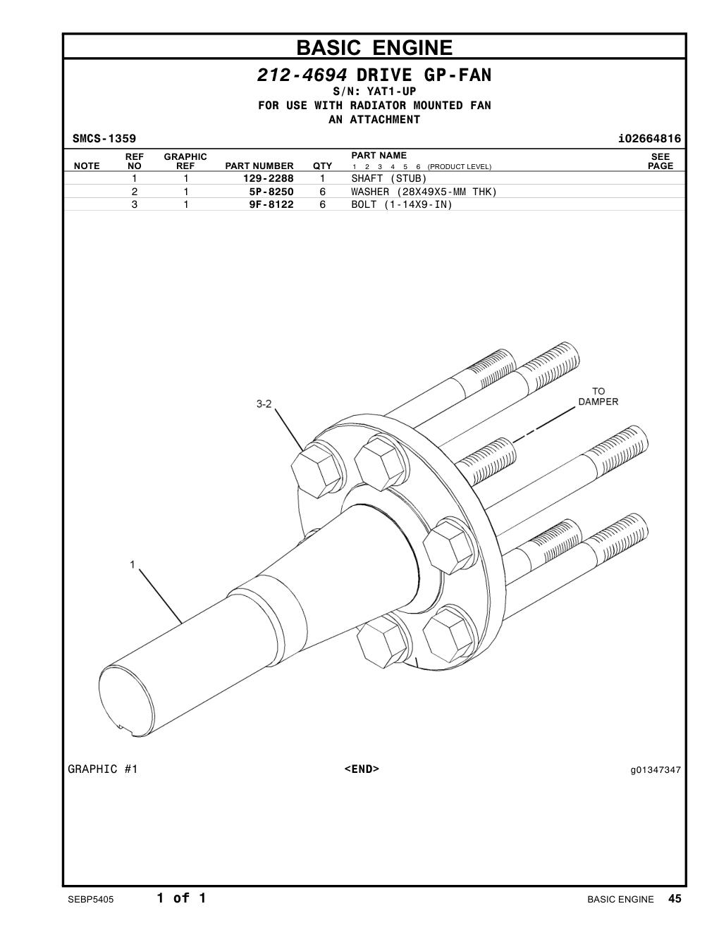 129-2288 SHAFT (STUB) · S/N YAT1-UP CAT parts manual diagram