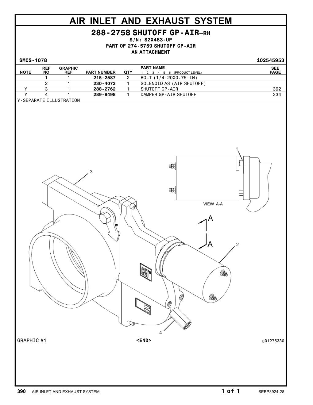 289-8498 DAMPER GP-AIR SHUTOFF · S/N S2X483-UP CAT parts manual diagram
