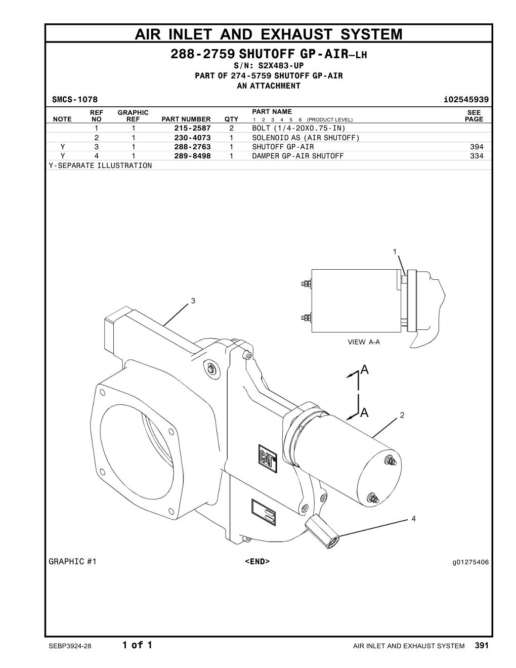 288-2763 SHUTOFF GP-AIR · S/N S2X483-UP CAT parts manual diagram