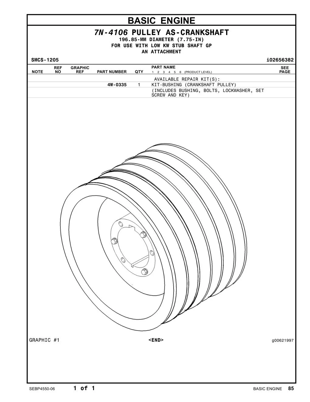 4W-0335 - KIT-BUSHING (CRANKSHAFT PULLEY) (INCLUDES BUSHING, BOLTS, LOCKWASHER, SET SCREW AND KEY)
