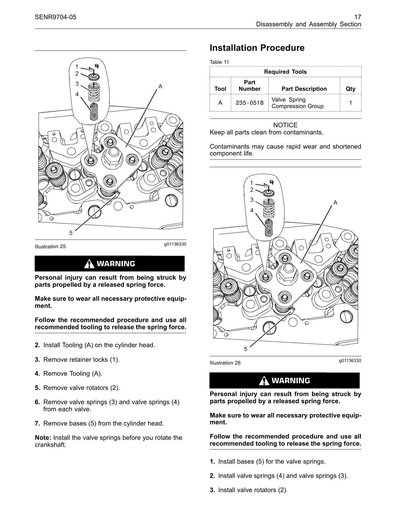 235-0518 - Group contaminants. rapid wear and from being struck spring force. necessary protective procedure and release the spring valve springs. and valve springs (3).