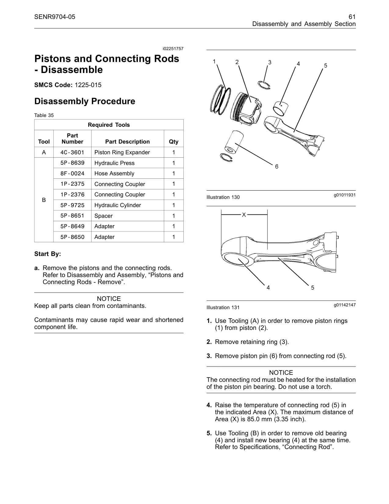 5P-8650 - the connecting rods. Assembly, “Pistons contaminants. g01142147 Illustration 131 rapid wear and 1. Use Tooling (A) in order to remove piston rings (1) from piston (2). 2. Remove retaining ring (3). 3. Remove piston pin (6) from connecting rod (5). NOTICE 