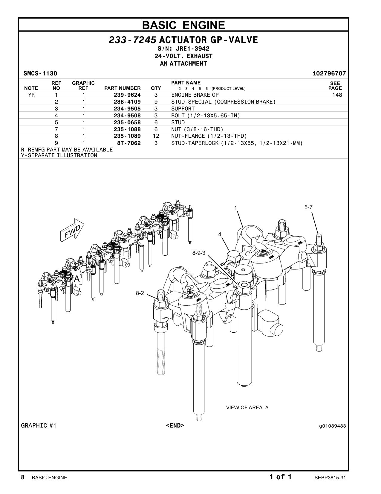 8T-7062 STUD-TAPERLOCK (1/2-13X55, 1/2-13X21-MM) · S/N JRE1-3942 CAT parts manual diagram