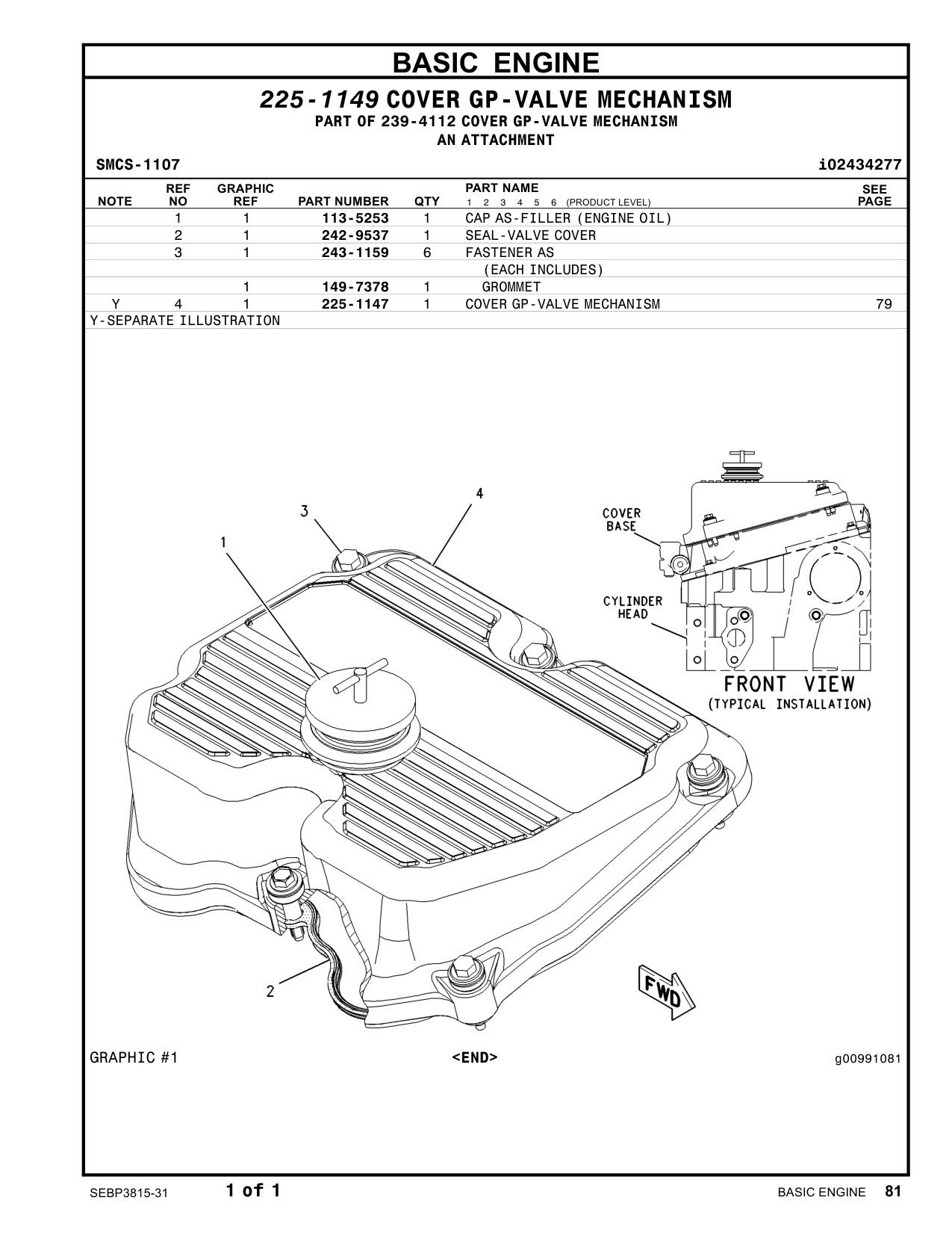 225-1147 COVER GP-VALVE MECHANISM CAT parts manual diagram
