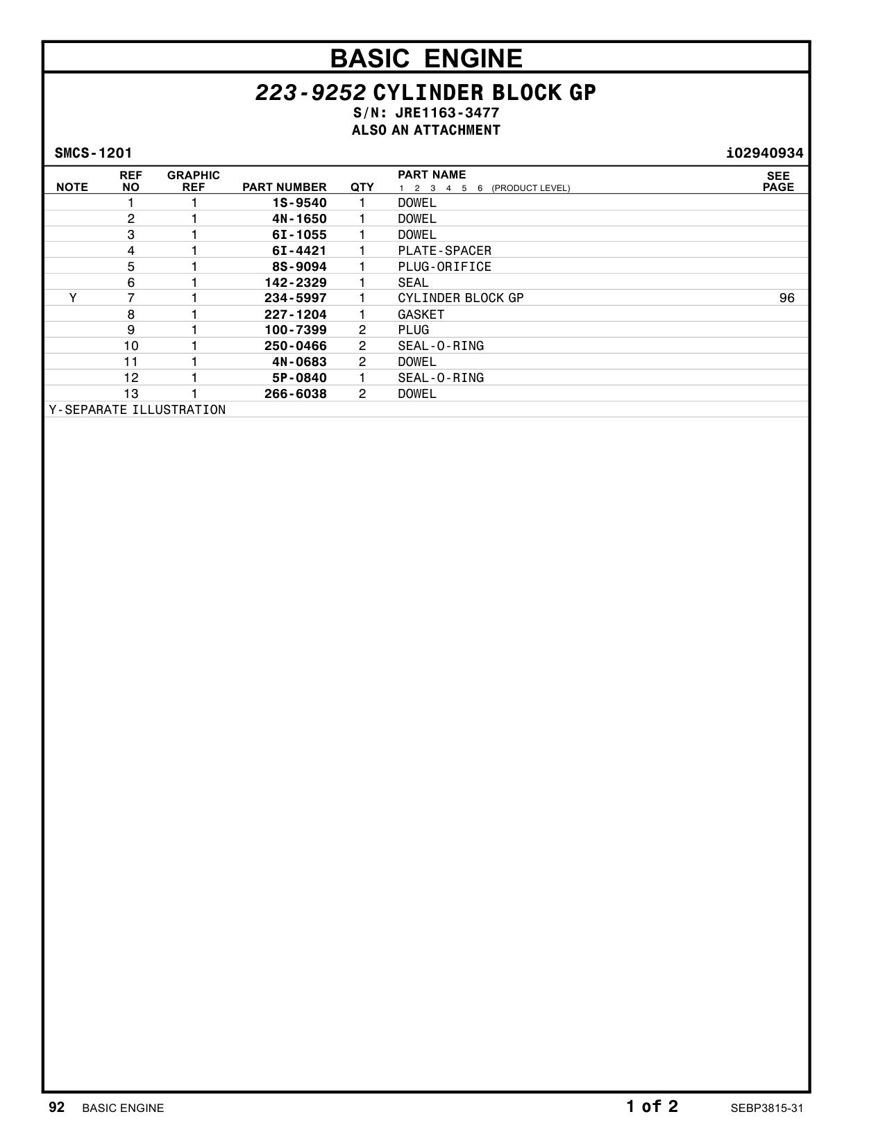 234-5997 CYLINDERBLOCK GP · S/N JRE1163-3477 CAT parts manual diagram