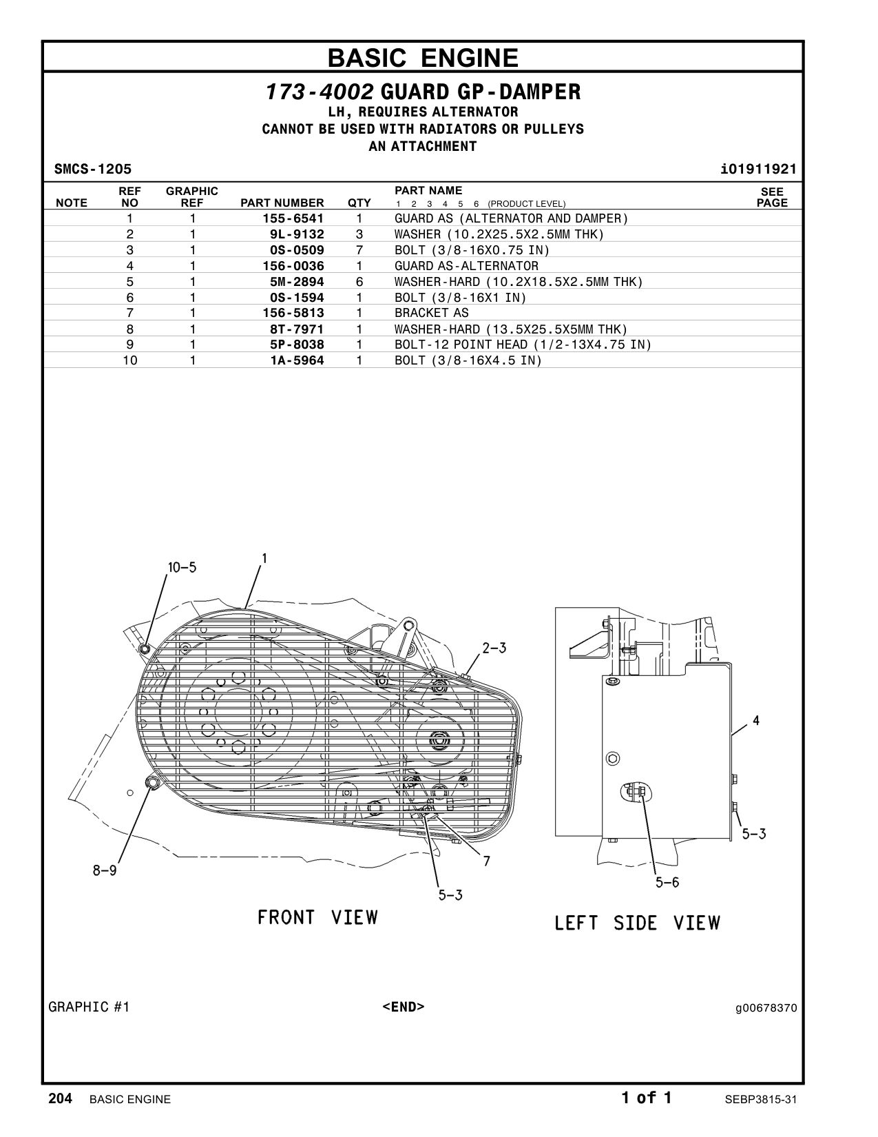 156-0036 GUARD AS-ALTERNATOR CAT parts manual diagram