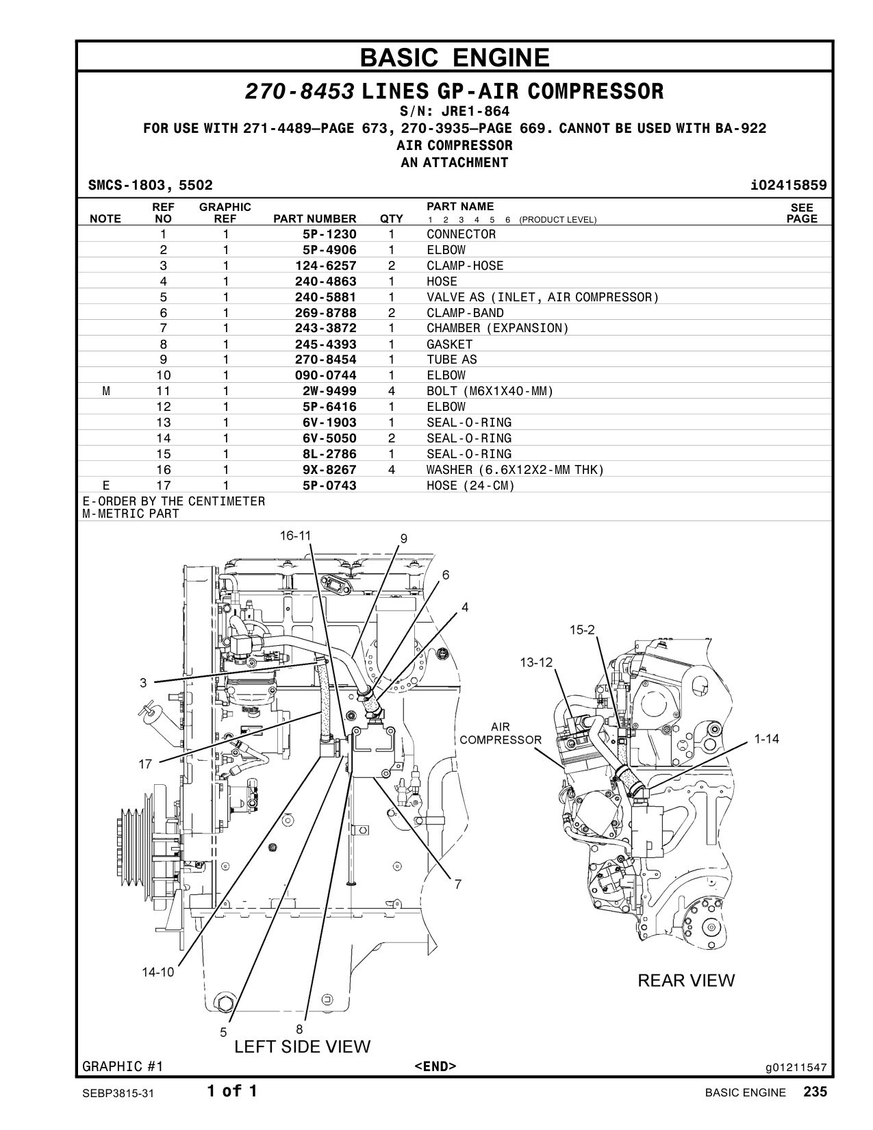 270-8454 TUBE AS · S/N JRE1-864 CAT parts manual diagram