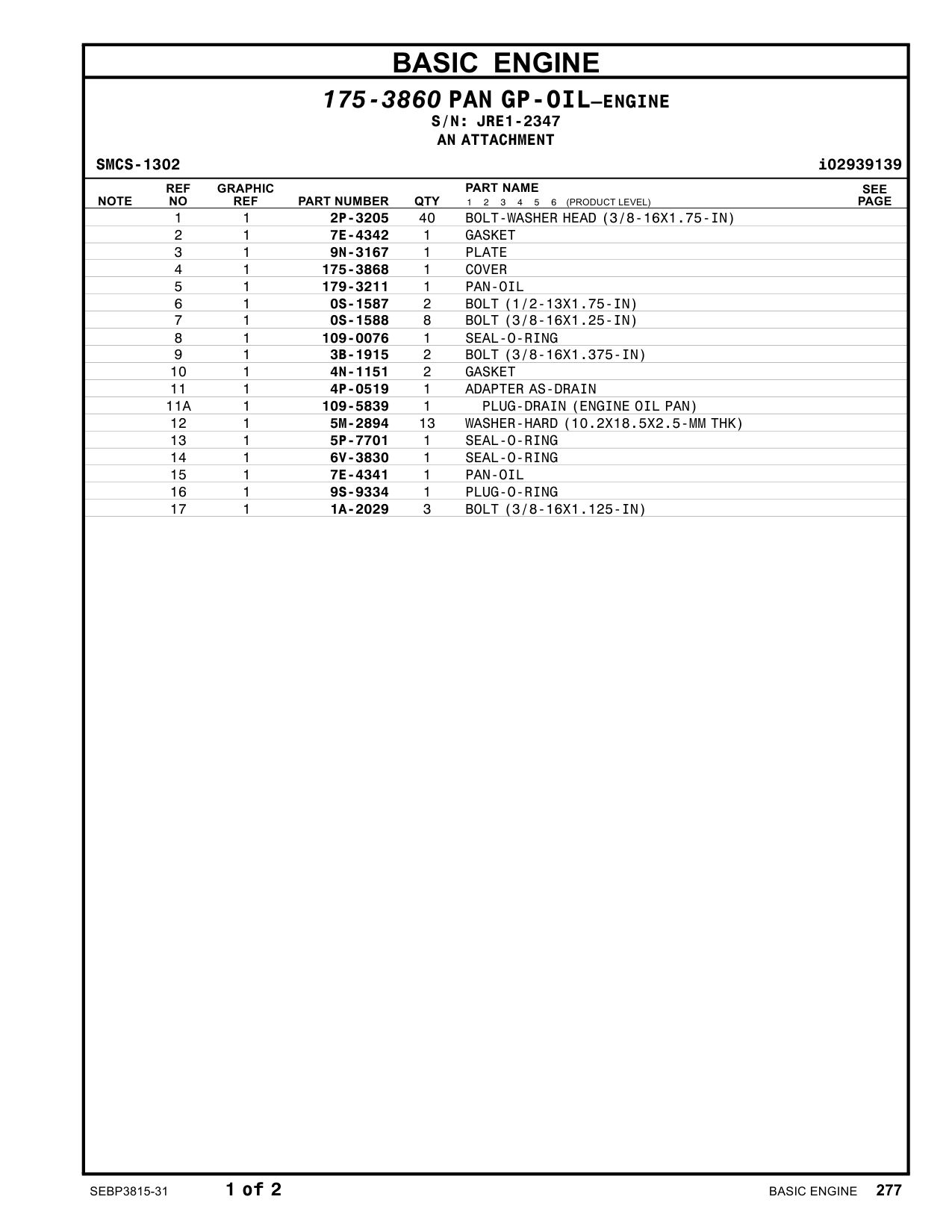 179-3211 PAN-OIL · S/N JRE1-2347 CAT parts manual diagram