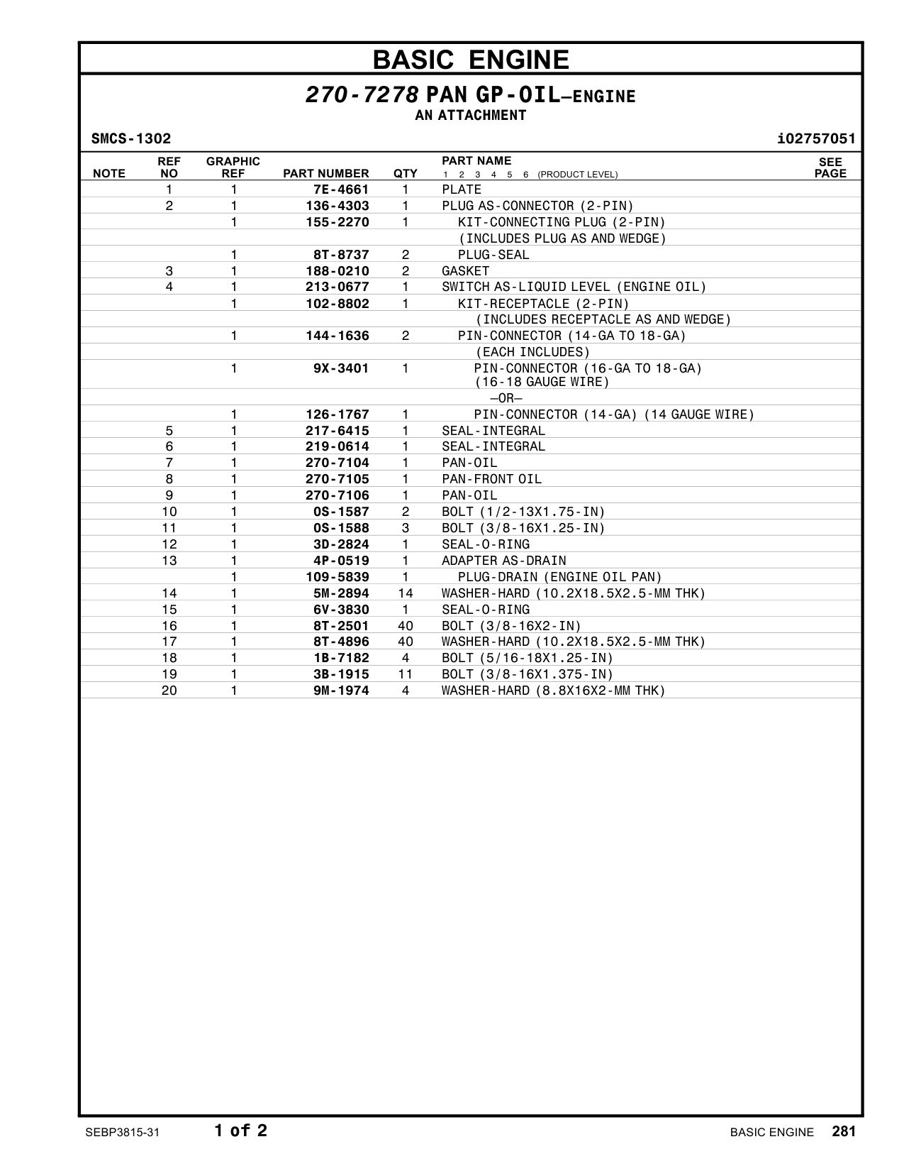 270-7105 PAN-FRONT OIL CAT parts manual diagram