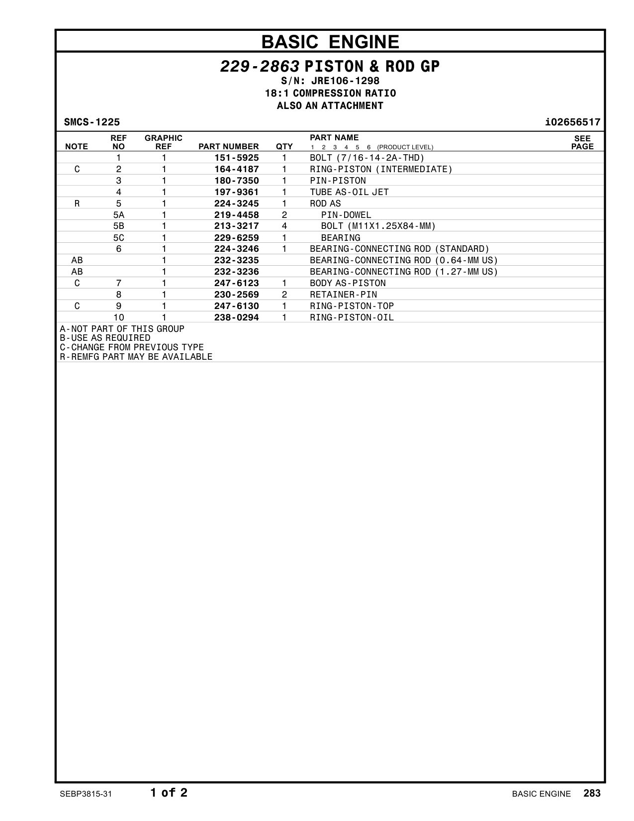 230-2569 RETAINER-PIN · S/N JRE106-1298 CAT parts manual diagram