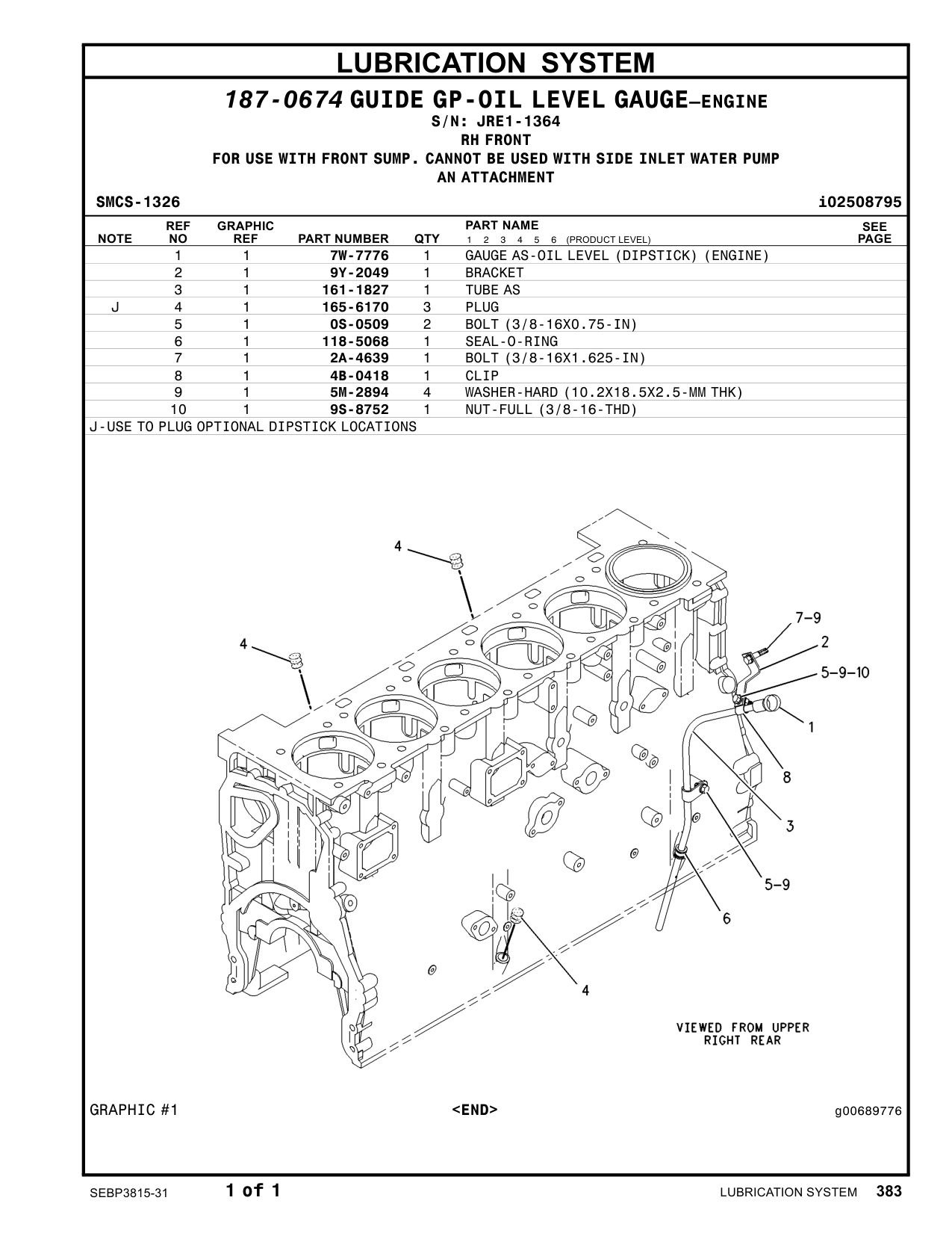 7W-7776 GAUGE AS-OIL LEVEL (DIPSTICK) · S/N JRE1-1364 CAT parts manual diagram