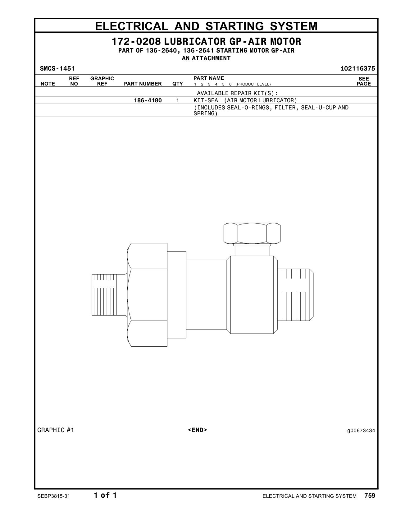 186-4180 - KIT-SEAL (AIR MOTOR LUBRICATOR) (INCLUDES SEAL-O-RINGS, FILTER, SEAL-U-CUP AND SPRING)