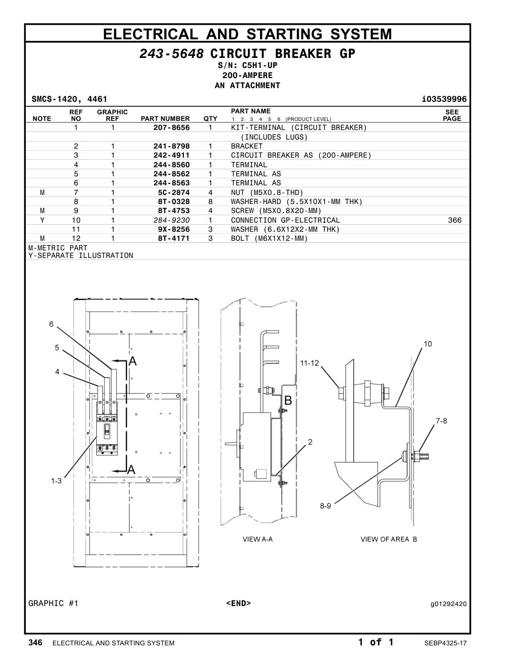 242-4911 CIRCUIT BREAKER AS (200-AMPERE) · S/N C5H1-UP CAT parts manual diagram