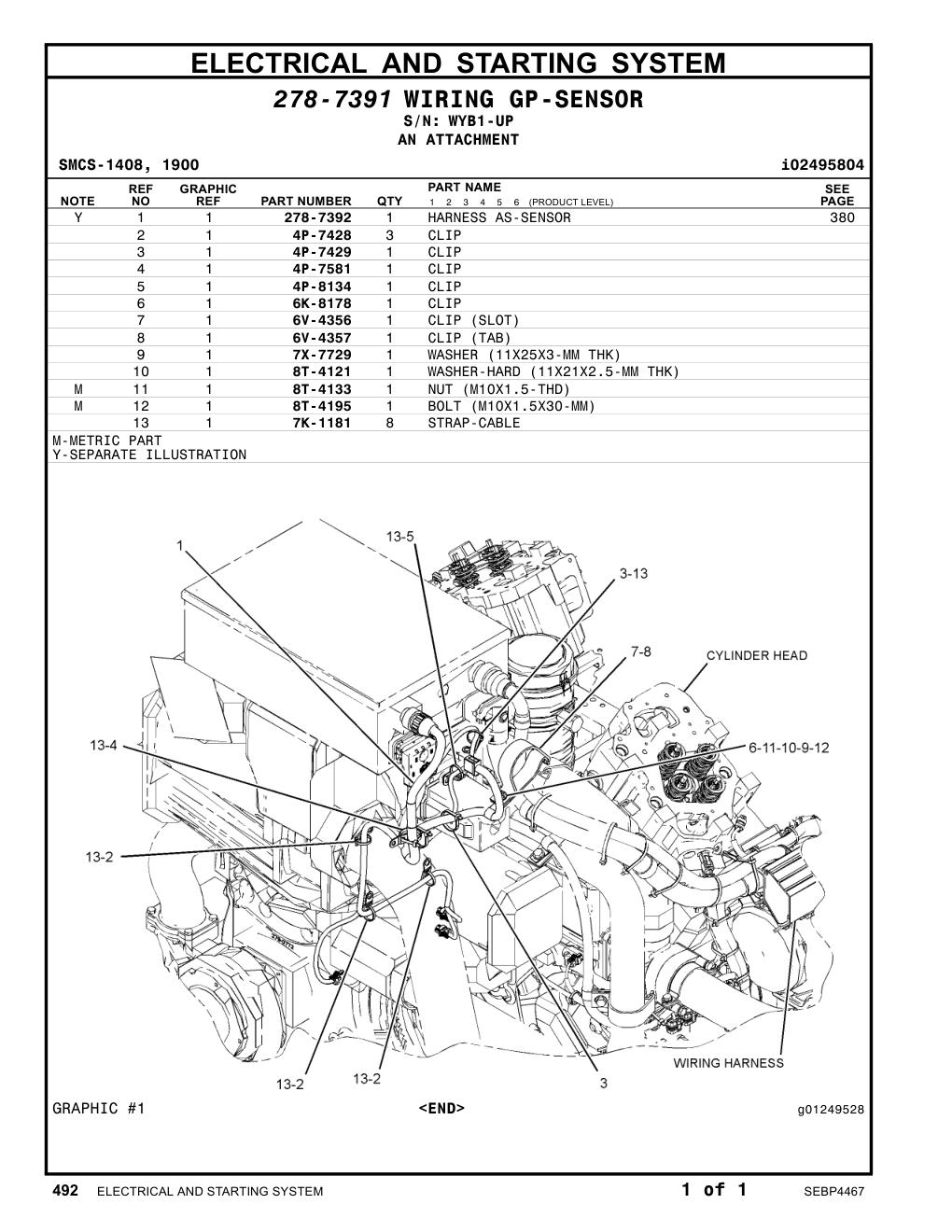 278-7392 HARNESS AS-SENSOR · S/N WYB1-UP CAT parts manual diagram