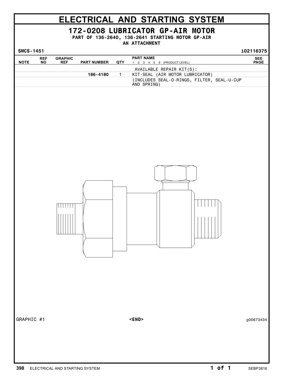 186-4180 - KIT-SEAL (AIR MOTOR LUBRICATOR) (INCLUDES SEAL-O-RINGS, FILTER, SEAL-U-CUP AND SPRING)