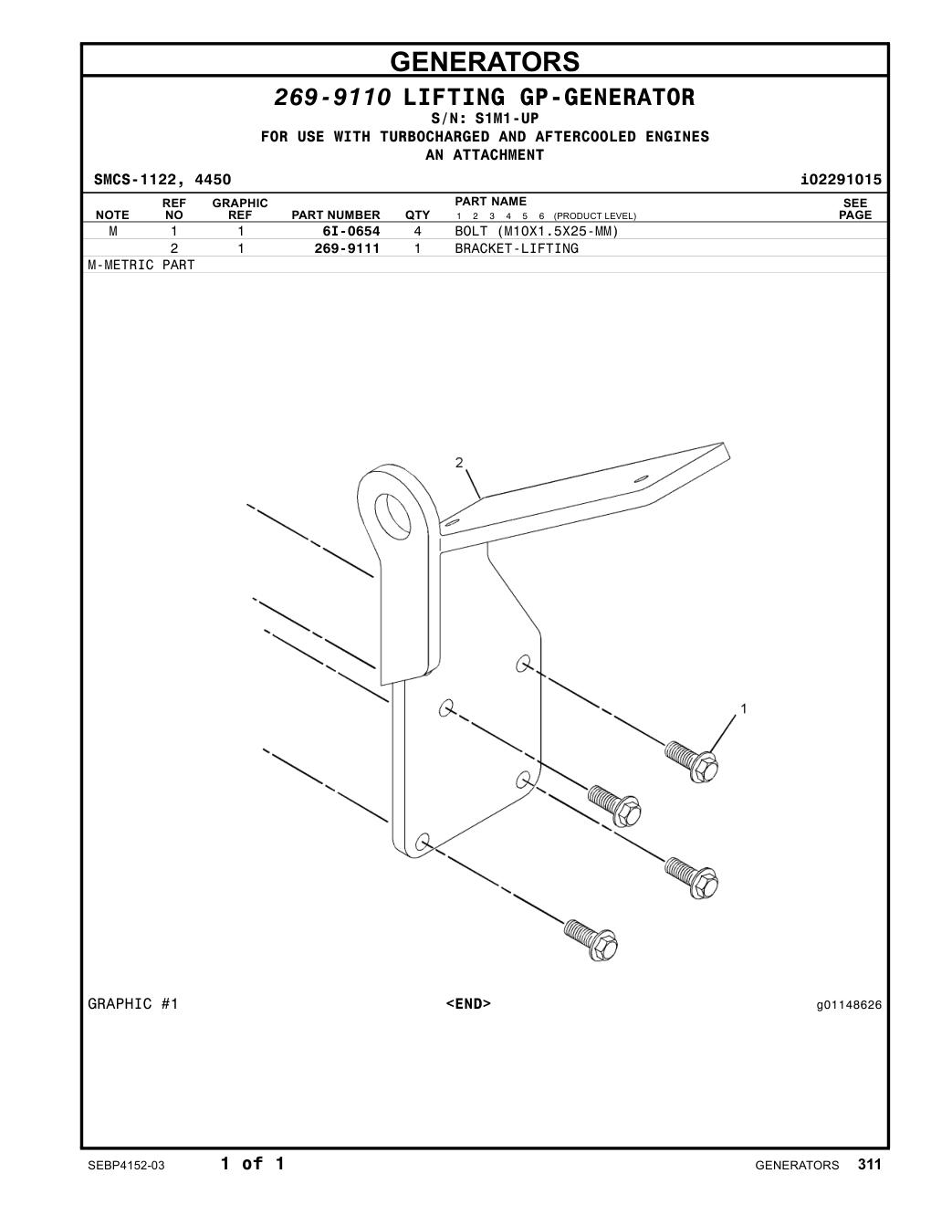 269-9111 BRACKET-LIFTING · S/N S1M1-UP CAT parts manual diagram