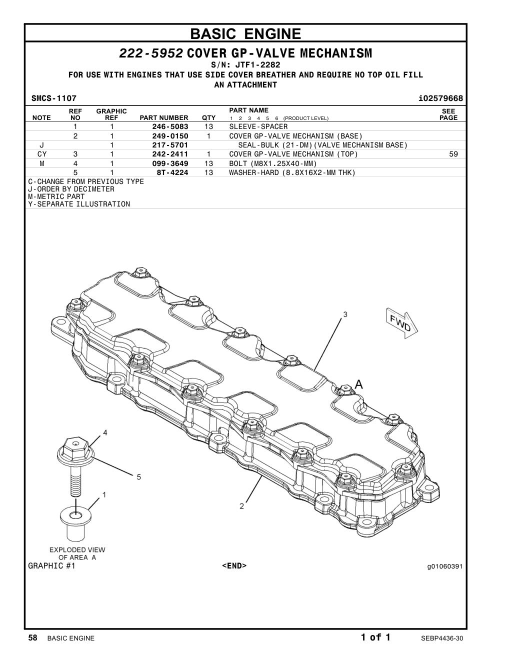 249-0150 COVERGP-VALVE MECHANISM(BASE) · S/N JTF1-2282 CAT parts manual diagram