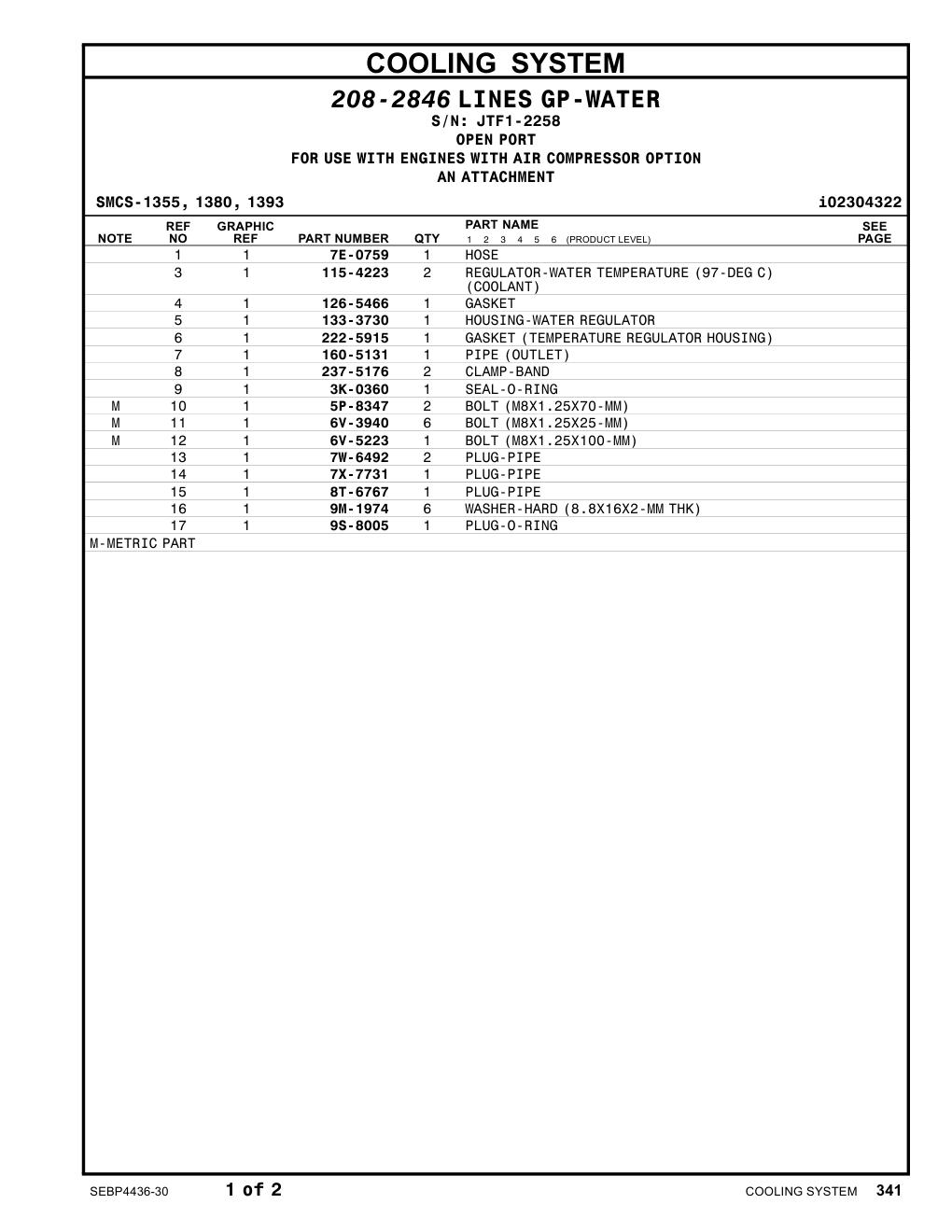 222-5915 GASKET(TEMPERATUREREGULATOR HOUSING) · S/N JTF1-2258 CAT parts manual diagram
