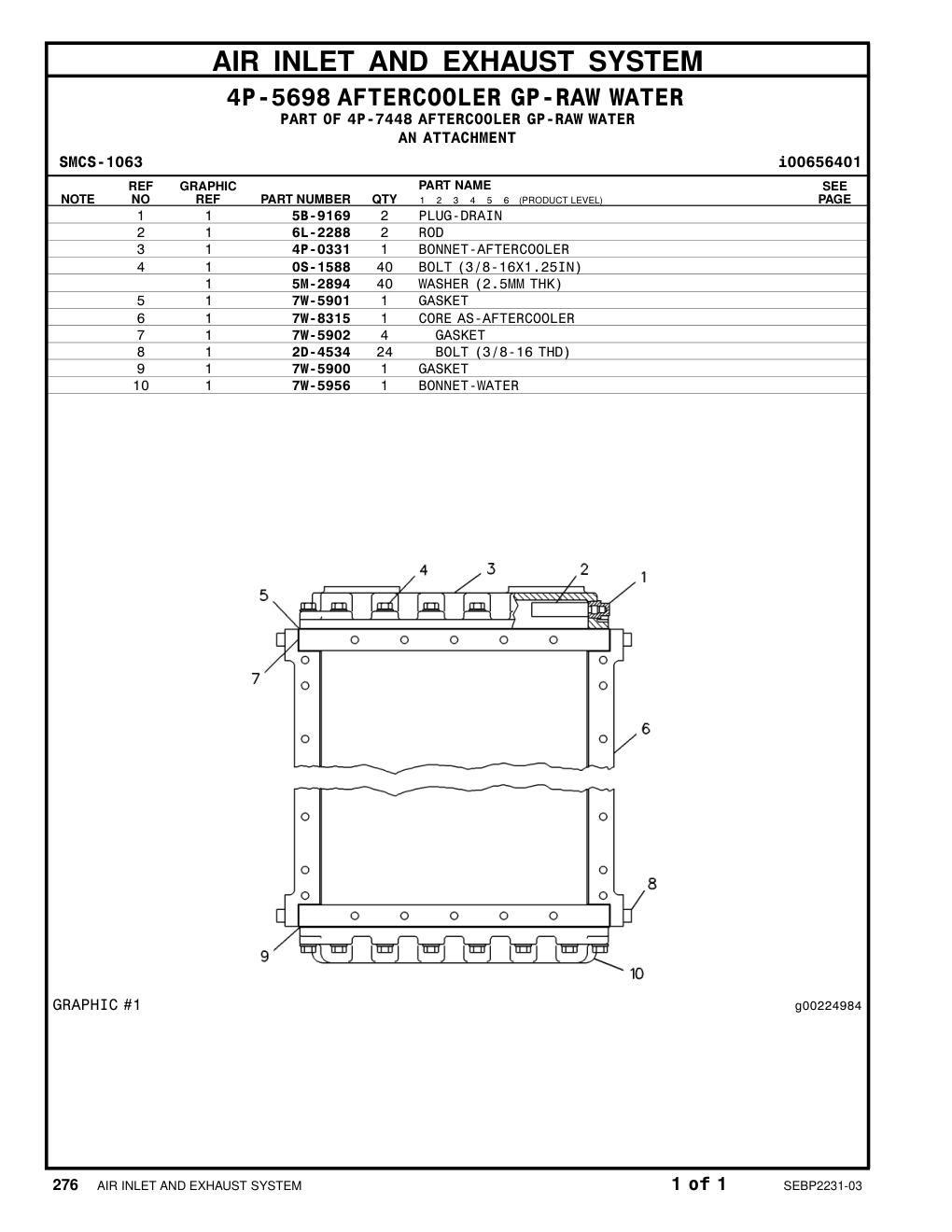 4P-0331 BONNET-AFTERCOOLER CAT parts manual diagram